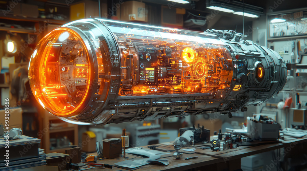 Poster a glowing model of a futuristic invention floating in a workshop,