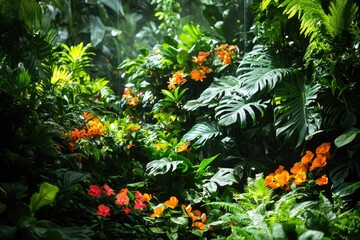 Lush jungle with orange flowers. Perfect for illustrating a tropical paradise, nature, and greenery.