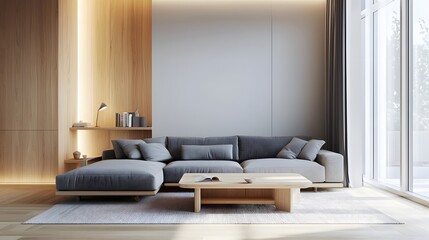 Bright living room with a simple gray sofa and light wood accents