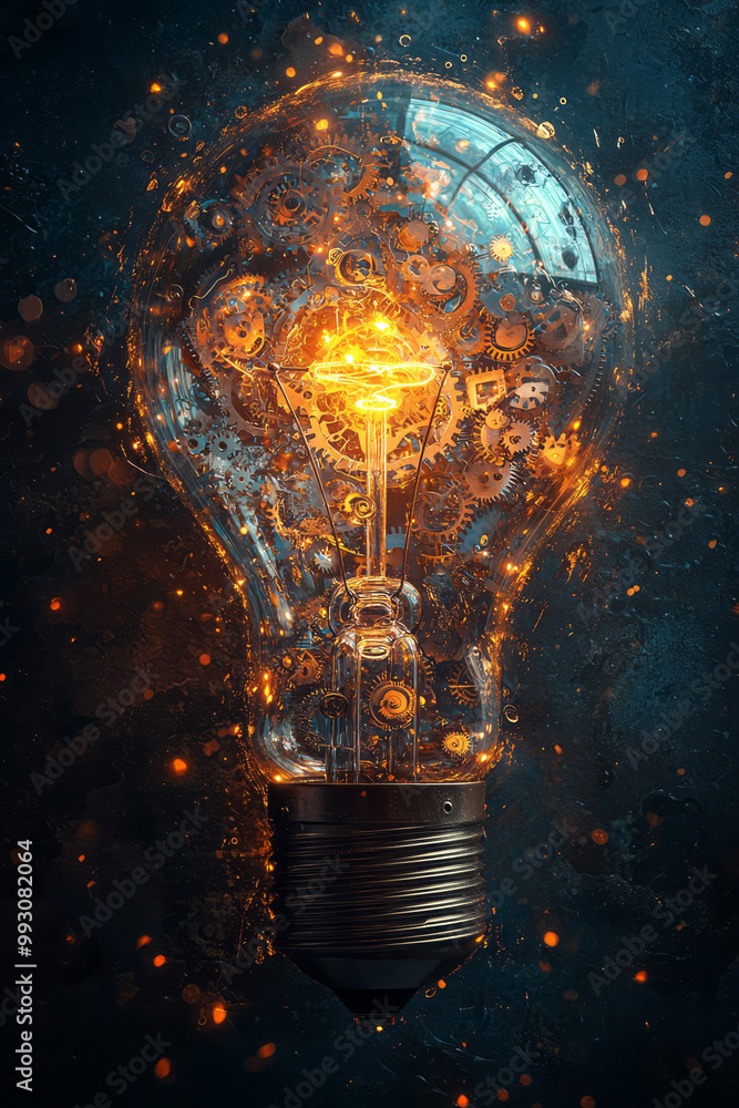 Poster an abstract image of mechanical gears forming into a glowing lightbulb,
