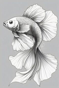recommend clip art: Black and white line drawing of a Betta fish, also known as a Siamese fighting fish