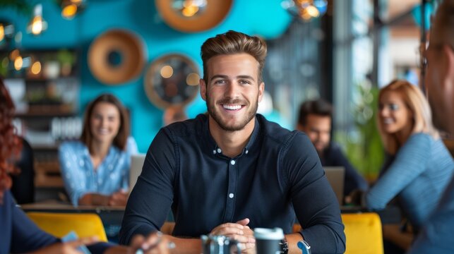 Caucasian businessman in a modern co-working space, collaborating with a diverse team on a creative project, surrounded by tech gadgets
