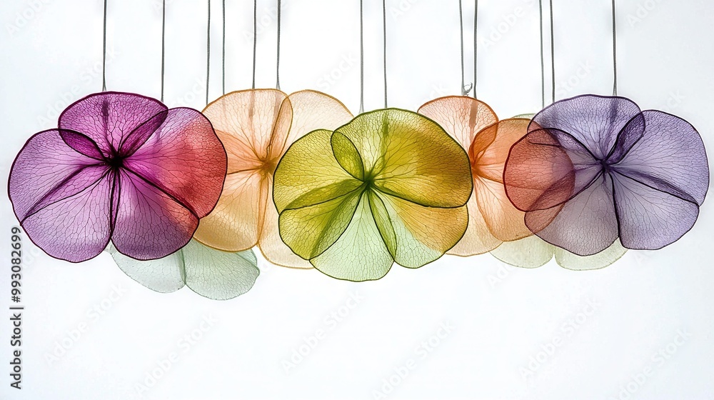 Poster a collection of vibrant umbrellas dangling from a string on a white wall against a backdrop of white