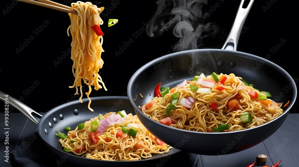 Poster fried instant noodles with vegetables in a frying pan on a black background generated by ai