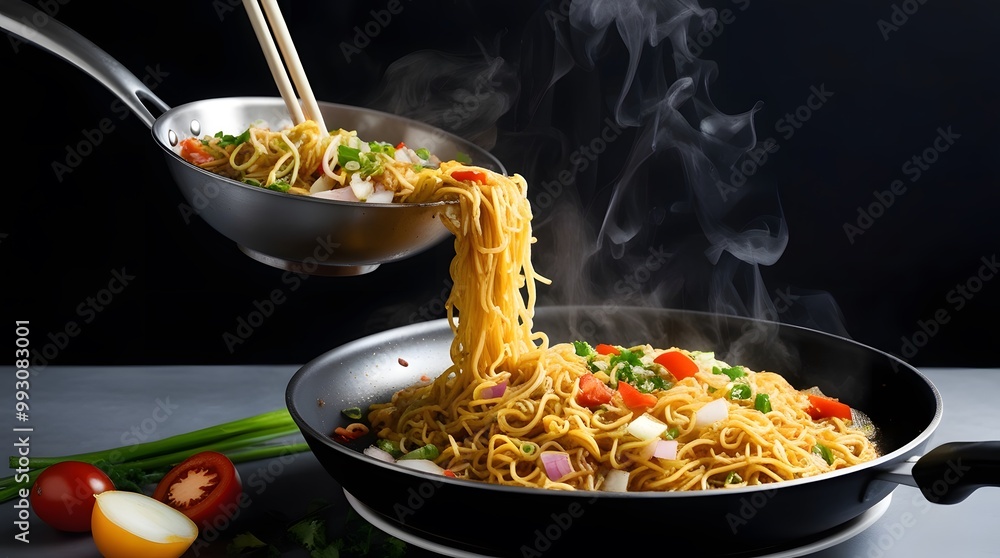 Poster fried instant noodles with vegetables in a frying pan on a black background generated by ai