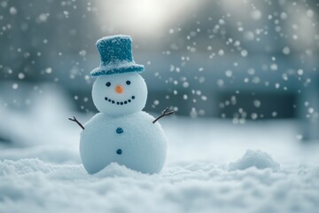 Fototapeta premium A cheerful snowman stands in soft snowflakes. Its blue top hat and joyful smile illuminate the winter scene. Perfect for holiday themes and seasonal decorations. Generative AI