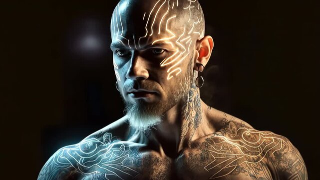 Muscular tattooed man with tribal face markings in dramatic blue lighting, showcasing fierce character design for fantasy film or video game cinematic trailer