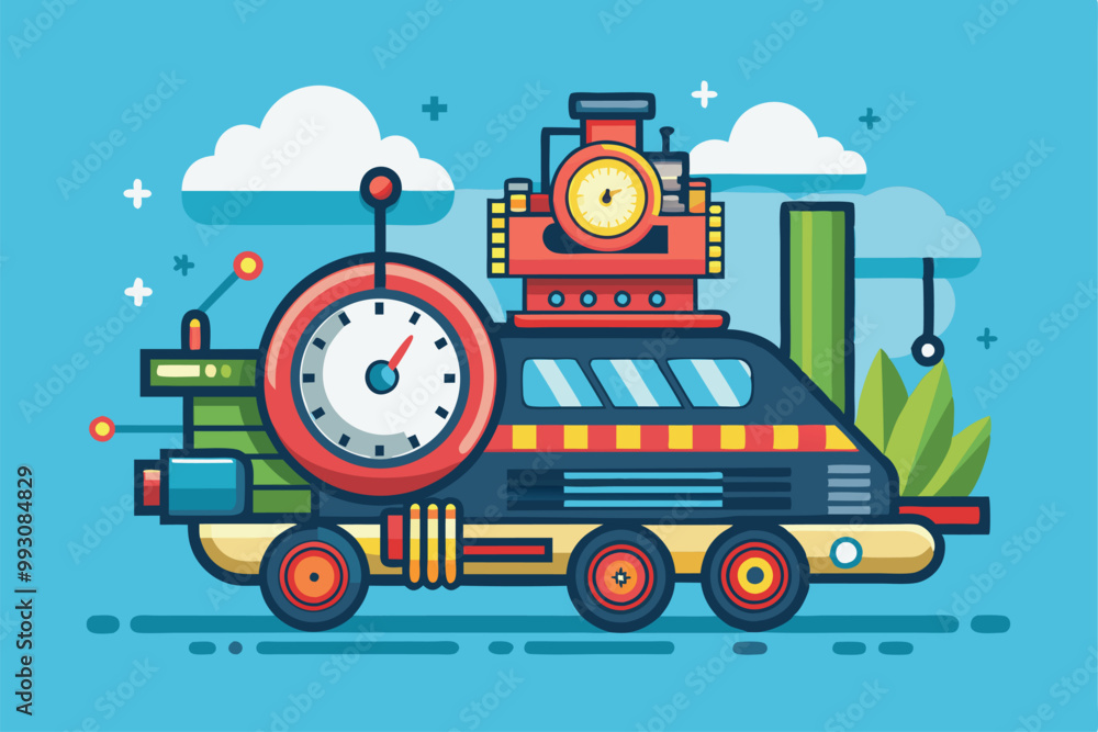 Poster a vibrant and imaginative time machine design showcases various clocks and gauges, ready for customi