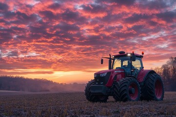 Fototapeta premium Red tractor at sunset in field. Perfect for agricultural, farming, and harvest themes.