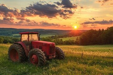 Red tractor parked in field at sunset. A powerful image showcasing the beauty of nature and the hard work involved in farming.