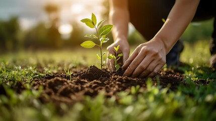 Volunteers planting saplings in a green open field, hands placing trees into the soil, showcasing environmental conservation and reforestation efforts, sunlight filtering through the clouds.