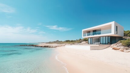 Obraz premium Modern home on a quiet, sandy beach with turquoise waters and a clear sky
