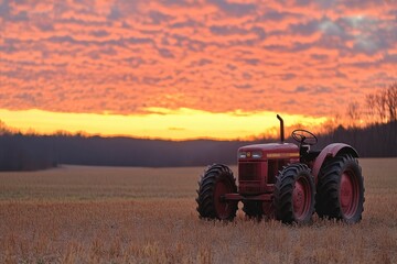 Fototapeta premium Red tractor in field at sunset. It can be used to represent the hard work of farmers.