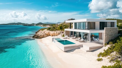 Obraz premium Modern home on a quiet, sandy beach with turquoise waters and a clear sky