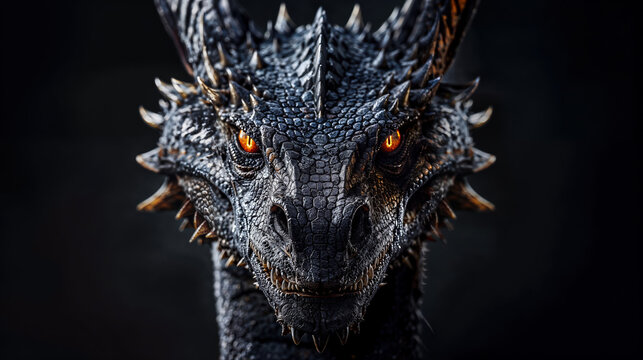 t&ecirc;te de dragon noire  vu en gros plan sur fond noir 