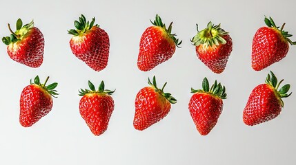   A row of nine red strawberries on a white background, topped with green foliage
