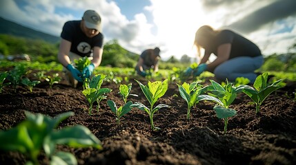 Volunteers planting young saplings in a lush green field, sunlight filtering through the clouds, emphasizing community efforts in reforestation and environmental conservation.
