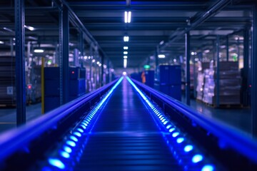 Fototapeta premium A modern warehouse with glowing blue conveyor belts. The setting is high-tech and efficient. This image represents automation in logistics and industry. Generative AI