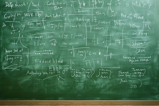 Green chalkboard filled with complex mathematical equations, diagrams, and calculations in a classroom setting.