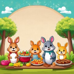 Obraz premium illustration barbecue grill party cartoon young animal easter day party invitation card
