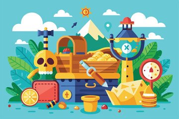Naklejka premium A vibrant treasure hunt setup displays a chest full of gold, adventure tools, and playful decorations, Customizable treasure hunt illustration in semi-flat style.