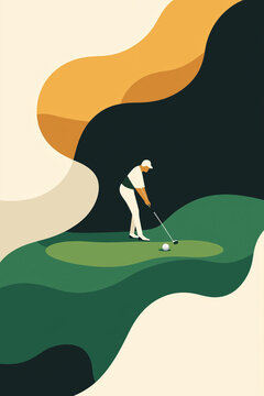 Golf. Vector modern illustration of golf game, golfer, ball with club and hole, golf course for poster, flyer, invitation, ticket or background