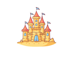 Fototapeta premium cartoon sandcastle on the beach with towers isolated on white background , vector illustration design.