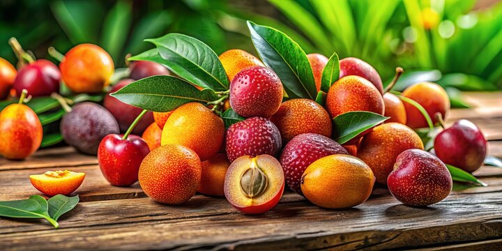 Fresh nisperos are beautifully arranged on a wooden table, complemented by lush green leaves, showcasing their