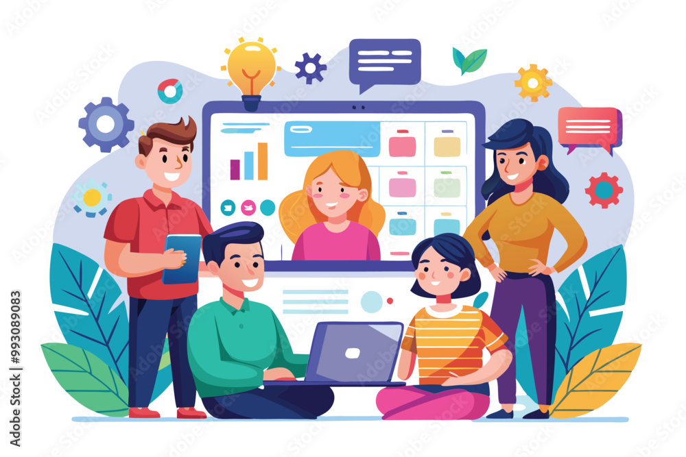 Poster a diverse team collaborates on user interface design, actively discussing ideas and strategies for p