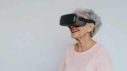 Fototapeta premium Happy Senior Woman Exploring a Virtual Reality Headset in a Digital World