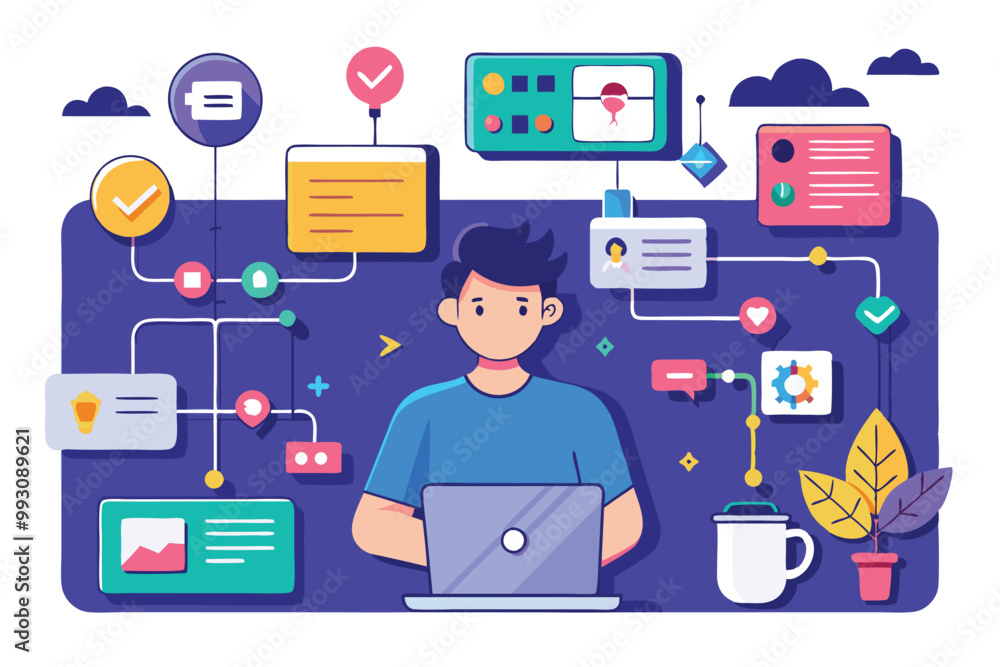 Poster a person sits at a laptop, interacting with customizable user flow elements and interface graphics, 