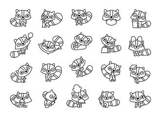 Cute kawaii raccoon. Coloring Page. Striped cartoon character. Hand drawn style. Vector drawing. Collection of design elements.