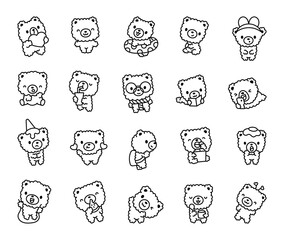 Cute teddy bear. Coloring Page. Adorable toy character of childhood. Hand drawn style. Vector drawing. Collection of design elements.