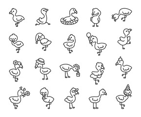 Cute flamingo character. Coloring Page. Adorable bird cartoon. Hand drawn style. Vector drawing. Collection of design elements.