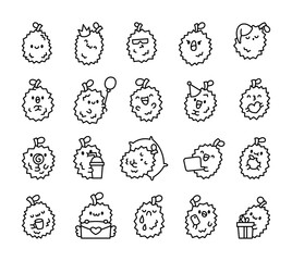 Cute durian character. Coloring Page. Charming barbed fruit. Hand drawn style. Vector drawing. Collection of design elements.