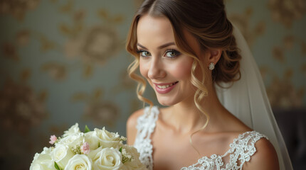 Naklejka premium Stunning Bridal Portrait | Elegant Wedding Photography Featuring Beautiful Bride with Bouquet and Veil in Natural and Indoor Setting