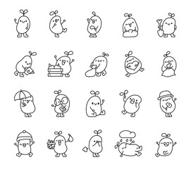 Cute kawaii grain. Coloring Page. Adorable cartoon character. Vector drawing. Collection of design elements.