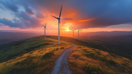 Obraz premium Wind turbines standing tall on a grassy hill against a vibrant sunset, blades slowly turning, symbolizing clean energy, warm orange hues blending with the landscape,