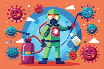 Naklejka premium An operator in protective gear sprays a customizable virus disinfection solution around various viruses, Customizable virus disinfection illustration is disproportionate.