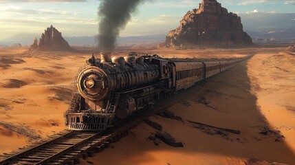 Fototapeta premium A steam train travels across a vast desert. The image evokes a sense of isolation and adventure, ideal for depicting themes of travel or exploration.