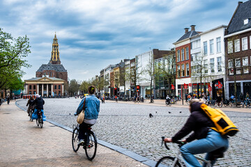 Groningen, cycling city of the Netherlands. Akerk cultural landmark in the background. © EPasqualli