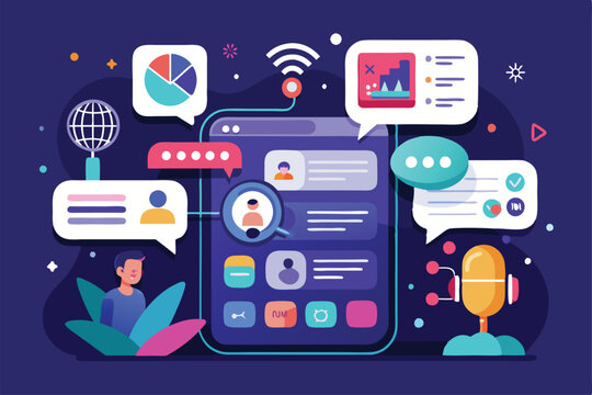 This design showcases a customizable voice chat app with engaging flat illustrations, highlighting multiple features, Customizable voice chat with semi flat illustrations.
