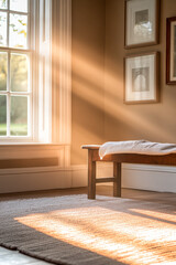 Warm sunlight streaming through a window illuminates a cozy room with a wooden bench and framed art