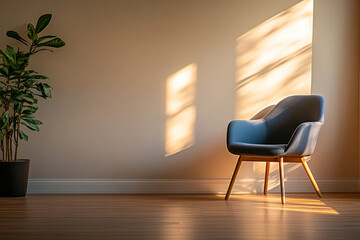Fototapeta premium A cozy blue armchair bathed in warm sunlight in a minimalist living room with a potted plant