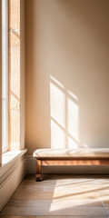 Fototapeta premium Sunlight casts gentle shadows on a wooden bench by a large window in a serene interior space