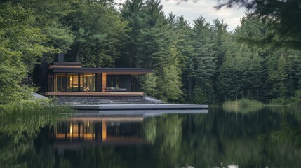 Obraz premium Contemporary vacation home on a tranquil lake with a private dock and surrounding forest