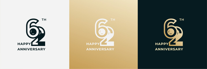 Logo 62th, 62 years anniversary, Creative template for celebration, birthday, greeting and invitation. Editable file