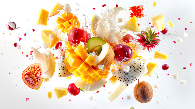 Exotic fruits are mixed in the air on a white background. A fruit explosion with water droplets. A natural organic product