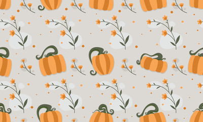 Autumn seamless pattern with pumpkin and some floral on bright background