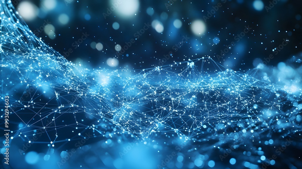 Poster abstract blue network with glowing nodes and lines